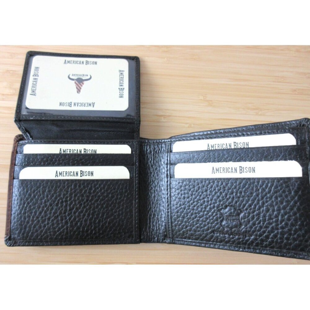 American Bison Buffalo Nickel 2 Tone Rodeo Bifold Leather Wallet Black Brown NEW - Picture 2 of 7